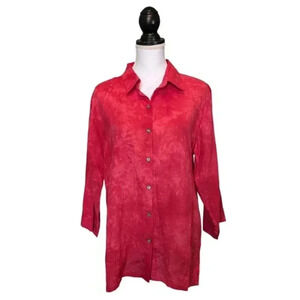 Chicos Design Red Tie Dye 100% Linen 3/4 Sleeve Button Up Top Size Large Collar